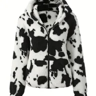 Kurtki damskie - TEMU Kurtka Damska Casual z Kapturem. Elegancki Płaszcz w Wzór Cielęcy, Pluszowa, Zamykana na Zamek, Pranie Maszynowe, Idealna na Jesień/Zimę - miniaturka - grafika 1