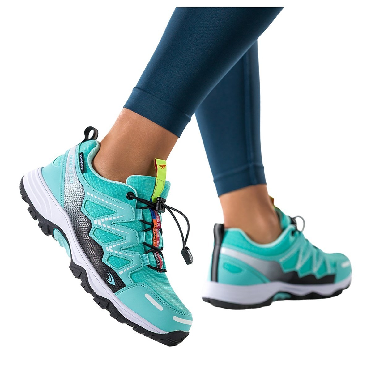 Turkusowe buty sportowe trekkingowe damskie wodoodporne na bieżnikowanej podeszwie z regulowaną elastyczną sznurówką czarne wstawki Casu 7393-88D-41