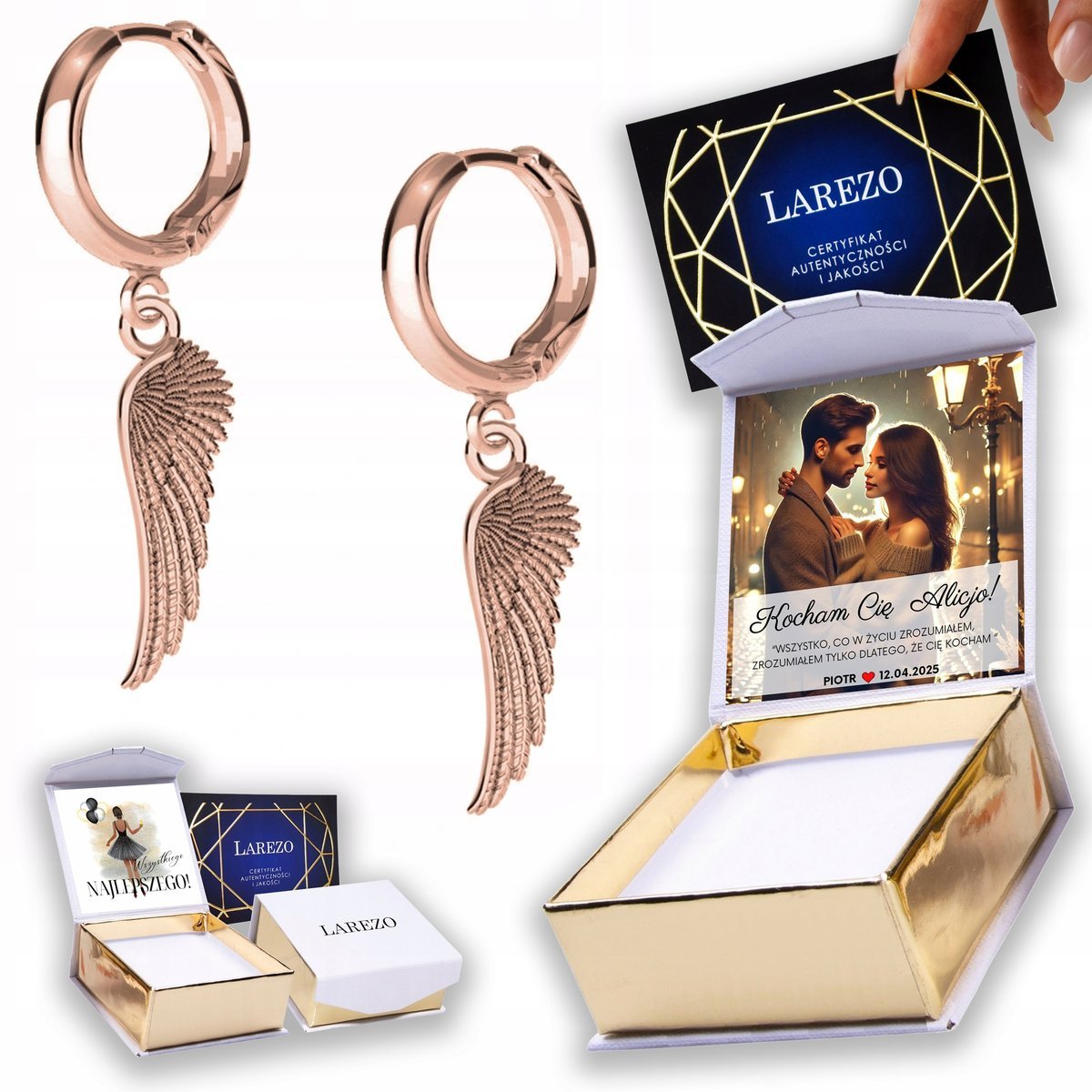 Kolczyki Pozłacane 925 ze Skrzydłami Wiszącymi Skrzydła Skrzydełka NADRUK