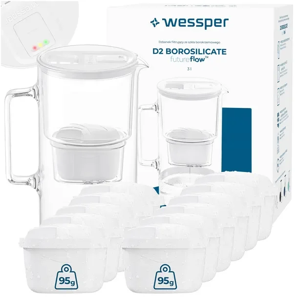 Dzbanek filtrujący szklany Wessper D2 BOROSILICATE FF 3l biały + 12x filtr