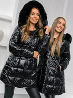 Kurtki damskie - Czarna długa pikowana kurtka płaszcz damska zimowa z kapturem Denley 16M9120A2 - miniaturka - grafika 1