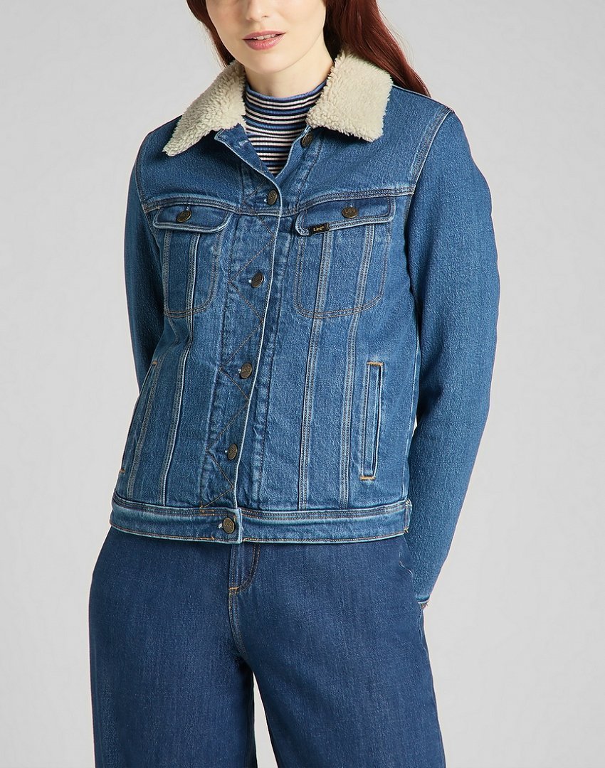 Lee Sherpa Rider Damska Kurtka Jeansowa Logo Worn Iris L54Vmwqw-M
