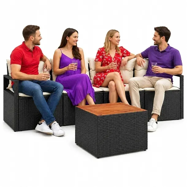 Zestaw sof ogrodowych, 5-elementowy, polirattan, czarno-kremowy