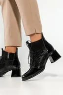 Botki damskie - Czarne botki skórzane damskie na ozdobnym klocku lakierowany wzór wężowy sznurowane PRODUKT POLSKI Casu 60503-39 - miniaturka - grafika 1