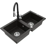 Zlewozmywaki z baterią - Mexen Mario zlewozmywak granitowy 2-komorowy z baterią kuchenną Savita, czarny/złoty metalik - miniaturka - grafika 1