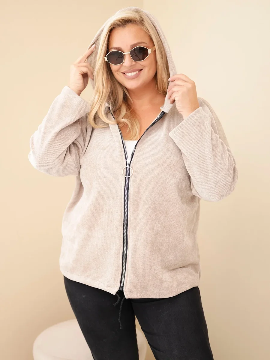 Bluza damska Plus Size sztruksowa z kapturem i zamkiem oversize beżowa Beżowy
