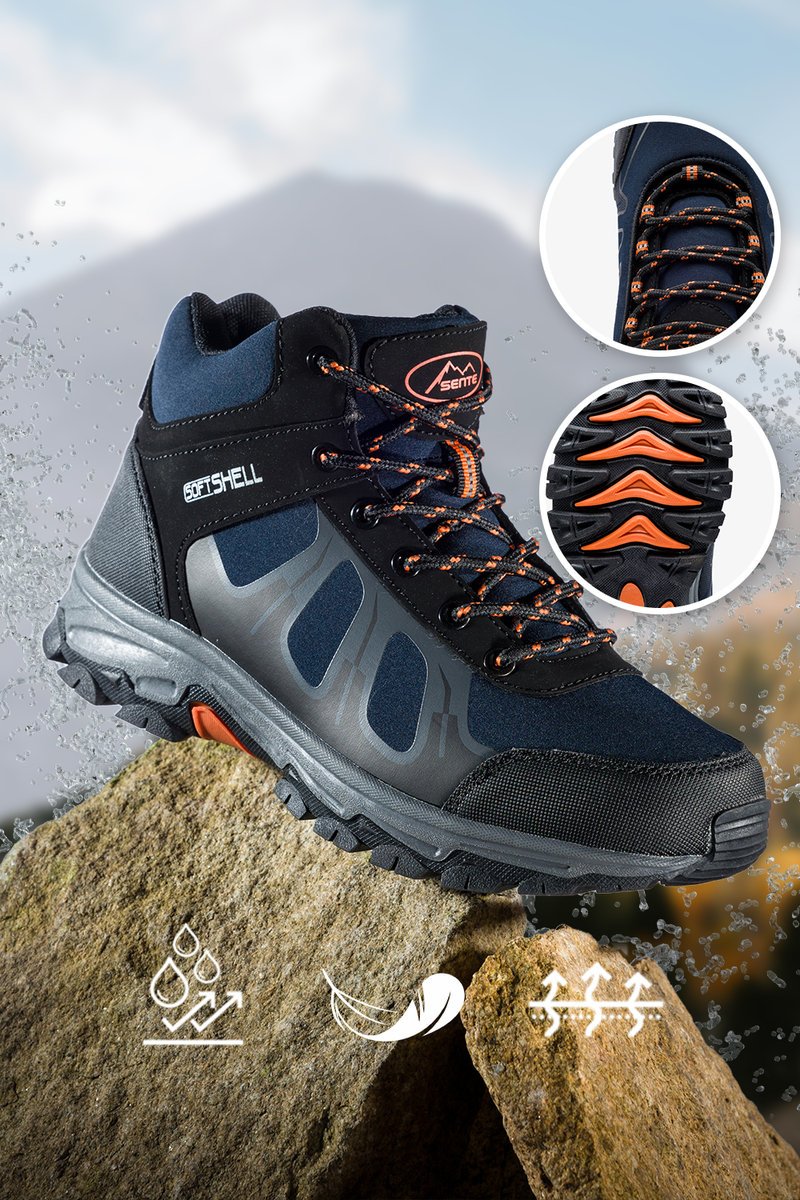 Granatowe buty trekkingowe damskie sznurowane z pomarańczowymi dodatkami softshell Casu B2108-6-40