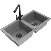 Zlewozmywaki z baterią - Mexen Mario zlewozmywak granitowy 2-komorowy z baterią kuchenną Duero, szary - miniaturka - grafika 1