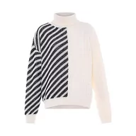 Swetry damskie - Fenia Damski sweter patchworkowy w paski, z wysokim kołnierzem i skręconą teksturą, czarno-biały, rozmiar XL/XXL, czarny biały, XL - miniaturka - grafika 1