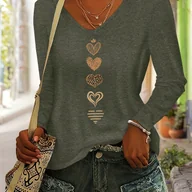 Bluzki damskie - TEMU Bluzka Damska z Długim Rękawem i Dekoltem w Serek – Miękkie Koszulki z Wzorem Serduszek (Złoty/Beżowy/Turkusowy/Brunatny/Czarny/Biały/Szary) – - miniaturka - grafika 1