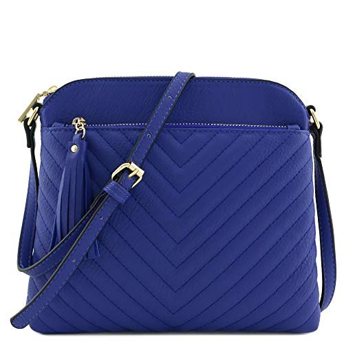 Pikowana średnia torba crossbody z frędzlami w jodełkę, Królewski błękit, One Size