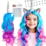Dodatki do strojów karnawałowych - Strój Jednorożec Kolorowa Galaxy Peruka Z Rogiem Pegaz Kryształki - miniaturka - grafika 1