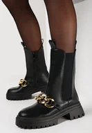 Botki damskie - Czarne Botki Workery z Ozdobnym Łańcuchem Elwena - miniaturka - grafika 1