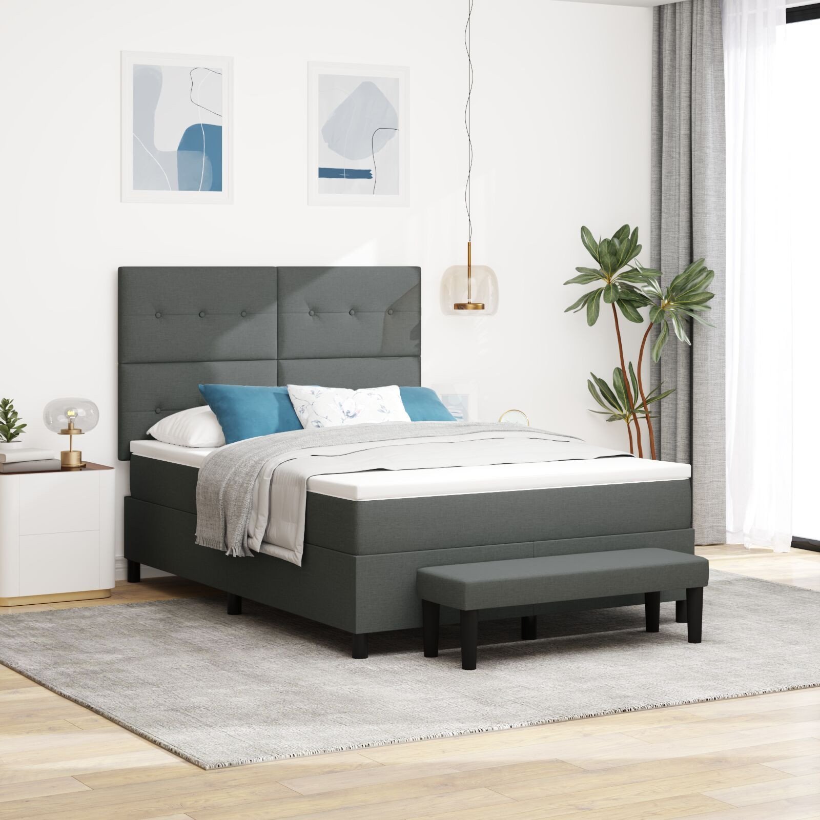 vidaXL Łóżko z Box Spring z materacem i ławką ciemnoszare 140x200 cm tkanina