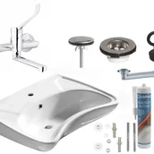 Umywalki - Umywalka dla niepełnosprawnych 59x20,5x45,5cm biała, syfon, sitko, zaślepka umywalki - miniaturka - grafika 1