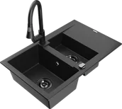 Zlewozmywaki z baterią - Mexen Gaspar zlewozmywak granitowy 1,5-komorowy z ociekaczem i baterią kuchenną Elia, czarny/srebrny - 6507-73-670101-70-B - miniaturka - grafika 1