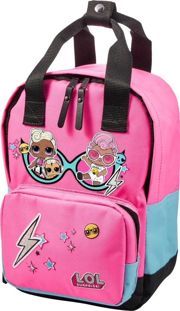 LEGO L.O.L. Surprise! Together 4Eva Small Backpack with pink pom-pom attached to zipper puller