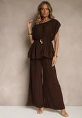 Komplety damskie - Brązowy Komplet Spodnie o Szerokim Kroju i Bluzka z Usztywnioną Linią Ramion Nilamira - miniaturka - grafika 1