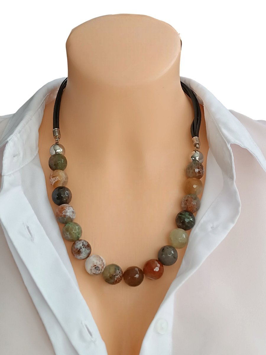 Elegancki naszyjnik wielokolorowy stonowany AGAT szlifowany 14mm dł 50cm
