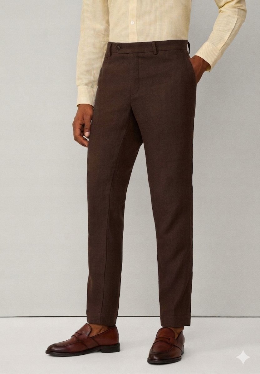 HACKETT ELEGANCKIE SPODNIE MĘSKIE BRĄZOWE PROSTE W KANT 34L 7AA
