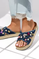 Espadryle damskie - Granatowe klapki damskie jeansowe espadryle na platformie paski na krzyż ozdobione dżetami Casu SP39-1 - miniaturka - grafika 1