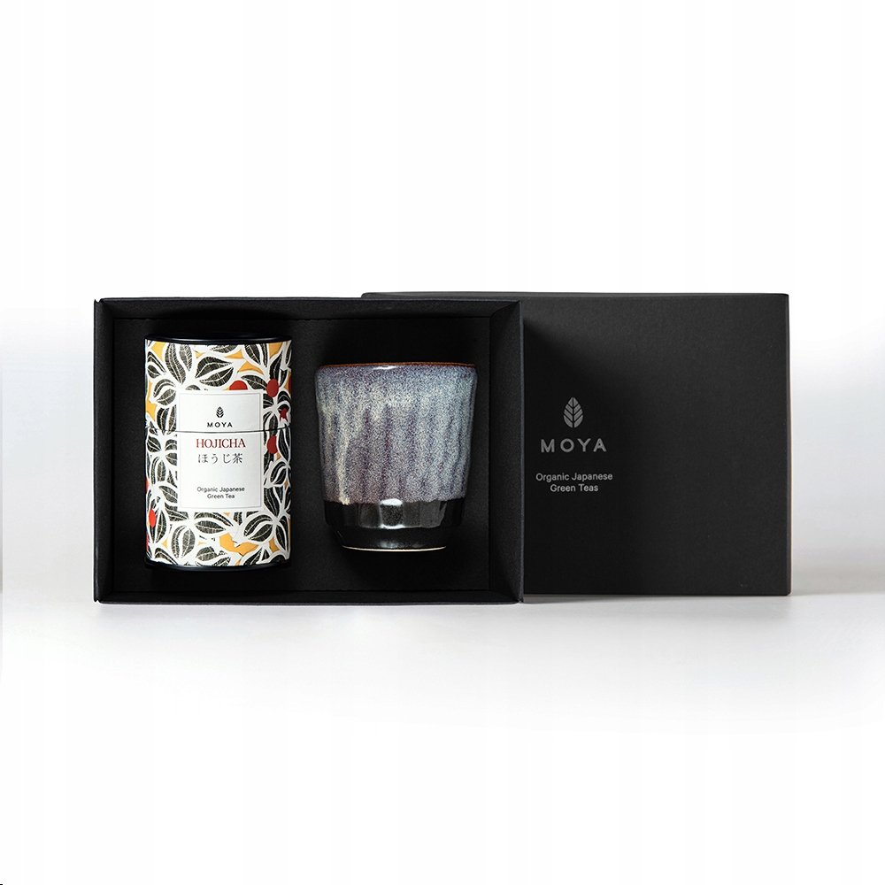 Zestaw prezentowy organiczna zielona herbata Moya Hojicha i kubek Murasaki