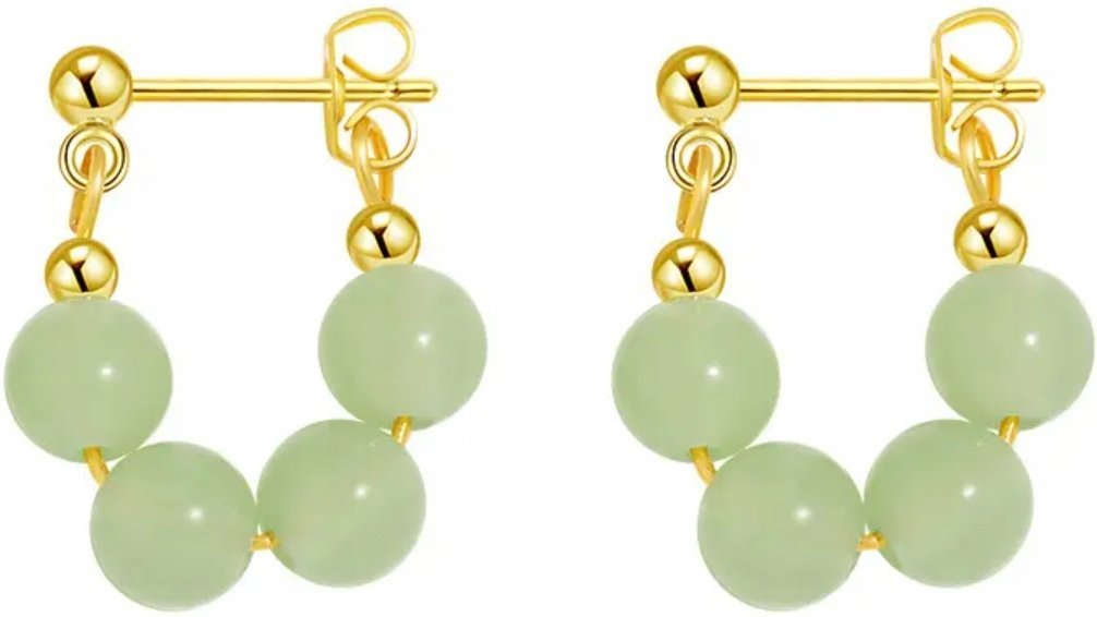 Złote Kolczyki z Zielonymi Koralikami Sztyft Modne Stylowe Pozłacane