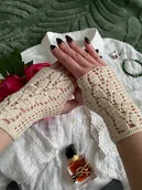 Rękawiczki - Mitenki koronkowe kremowe motyw roślinny - miniaturka - grafika 1