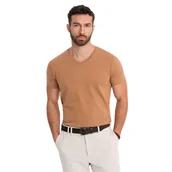 Koszulki męskie - Męska klasyczna bawełniana koszulka serek BASIC brązowa OM-TSBS-0237 V9 L - miniaturka - grafika 1