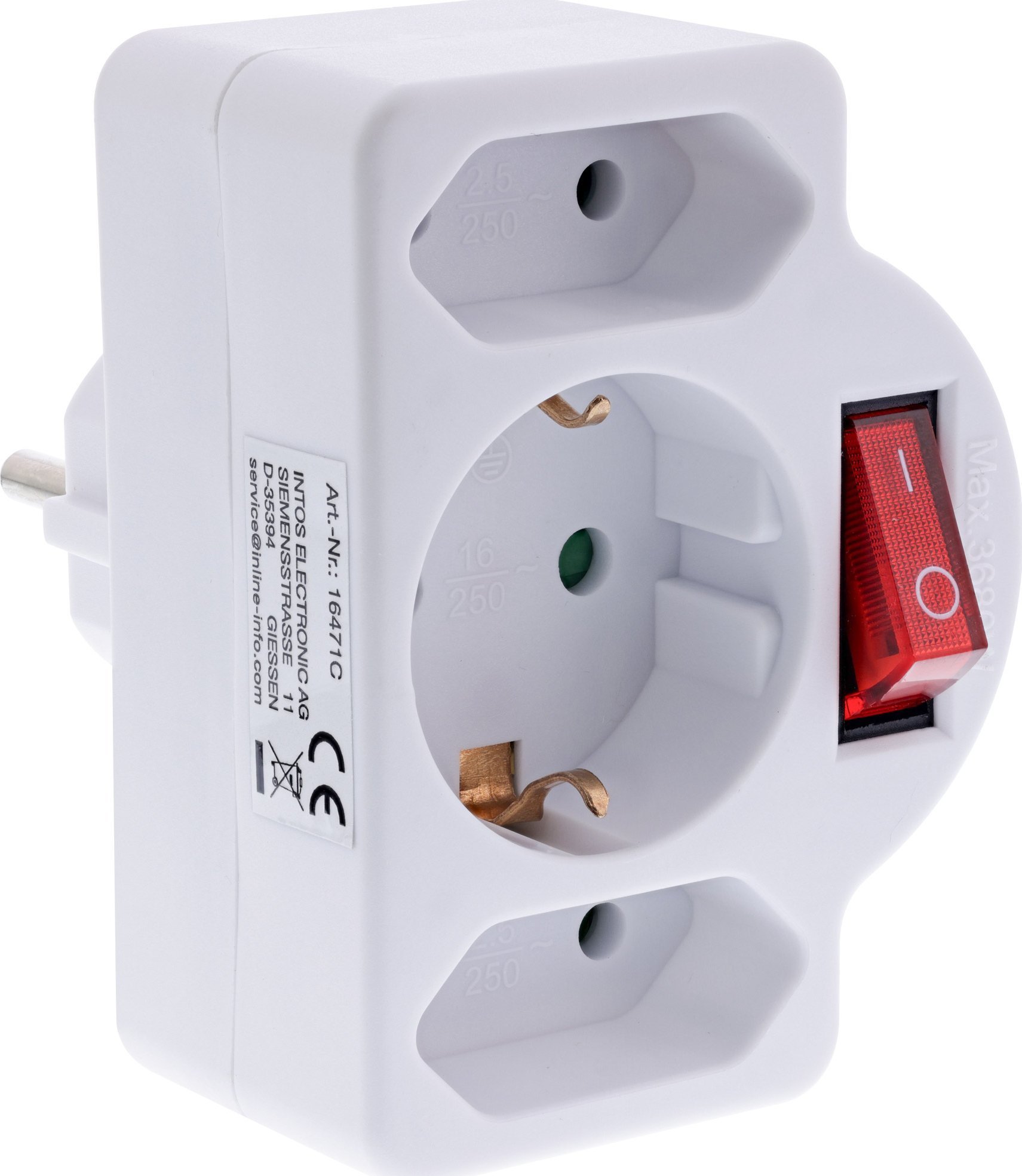 InLine® Steckdosenadapter, SK Stecker an 2xEuro+1x SK, mit Schalter, weiß
