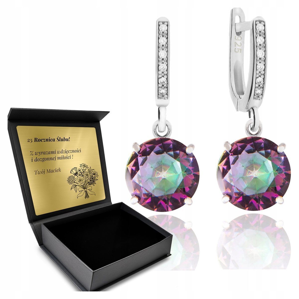 Kolczyki Srebrne 925 Cyrkonie Topaz Biżuteria Dla Kobiety + Grawer