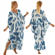 Stroje kąpielowe - PAREO NA PLAŻĘ PLAŻOWA DŁUGA SUKIENKA WISKOZA 100% NARZUTKA TUNIKA KIMONO - miniaturka - grafika 1