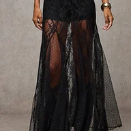 Spódnice - TEMU GP Y2K Przezroczysta Koronkowa Długa Półspódnica - Niski Stan, Jednokolorowa Elegancka Maksispódnica na Wiosnę, , Jesień, Sukienka na Wesele, - miniaturka - grafika 1