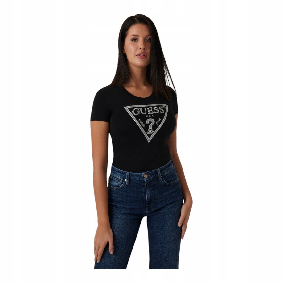 GUESS KOSZULKA DAMSKA T-SHIRT SS CN SHINY TRIANGLE CZARNE r.S