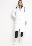 Kurtki damskie - Biała Długa Kurtka Pikowana Płaszcz na Zamek z Kapturem Lesea - miniaturka - grafika 1
