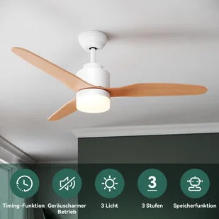 SONNI wentylator sufitowy z oświetleniem Led i wyłącznikiem czasowym pilot 119 cm biały drewno 3 łopatki - Wentylatory sufitowe - miniaturka - grafika 1