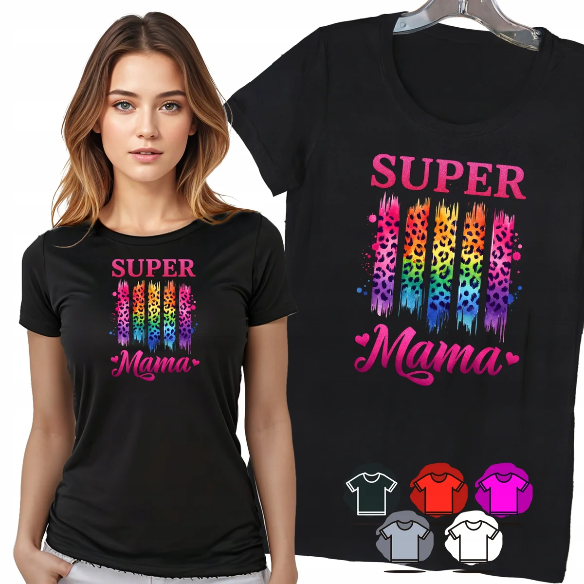 KOSZULKA DAMSKA T-SHIRT - SUPER MAMA TĘCZOWA PANTERKA KOLOROWY DAMSKI - M