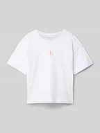 Koszulki dla dziewczynek - T-shirt o pudełkowym kroju z nadrukiem z logo i okrągłym dekoltem - miniaturka - grafika 1