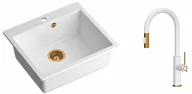 Zlewozmywaki z baterią - Quadron Zlewozmywak granitowy jednokomorowy 57*50*22 cm MORGAN 110 SNOW WHITE z miedzianym odpływem z baterią JENNIFER Q LINE SLIM SNOW WHITE z wyciąganą wylewką i funkcją prysznica kolor biały mat/wykończenie miedź - miniaturka - grafika 1