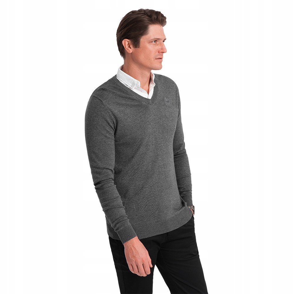 Sweter męski z dekoltem i kołnierzykiem grafitowy V3 OM-SWSW-0102 XL