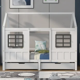 Flieks house łóżko pojedyncze łóżko dziecięce ze stelażem listwowym i 2 szufladami sosna biała 200x90cm bez materaca - Łóżka dla dzieci i młodzieży - miniaturka - grafika 1