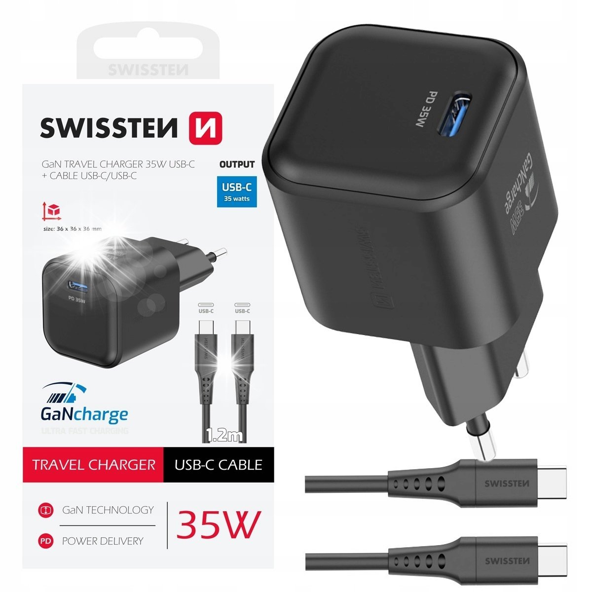 SZYBKA ŁADOWARKA SIECIOWA GaN USB-C 35W PD + kabel USB-C USB-C SWISSTEN