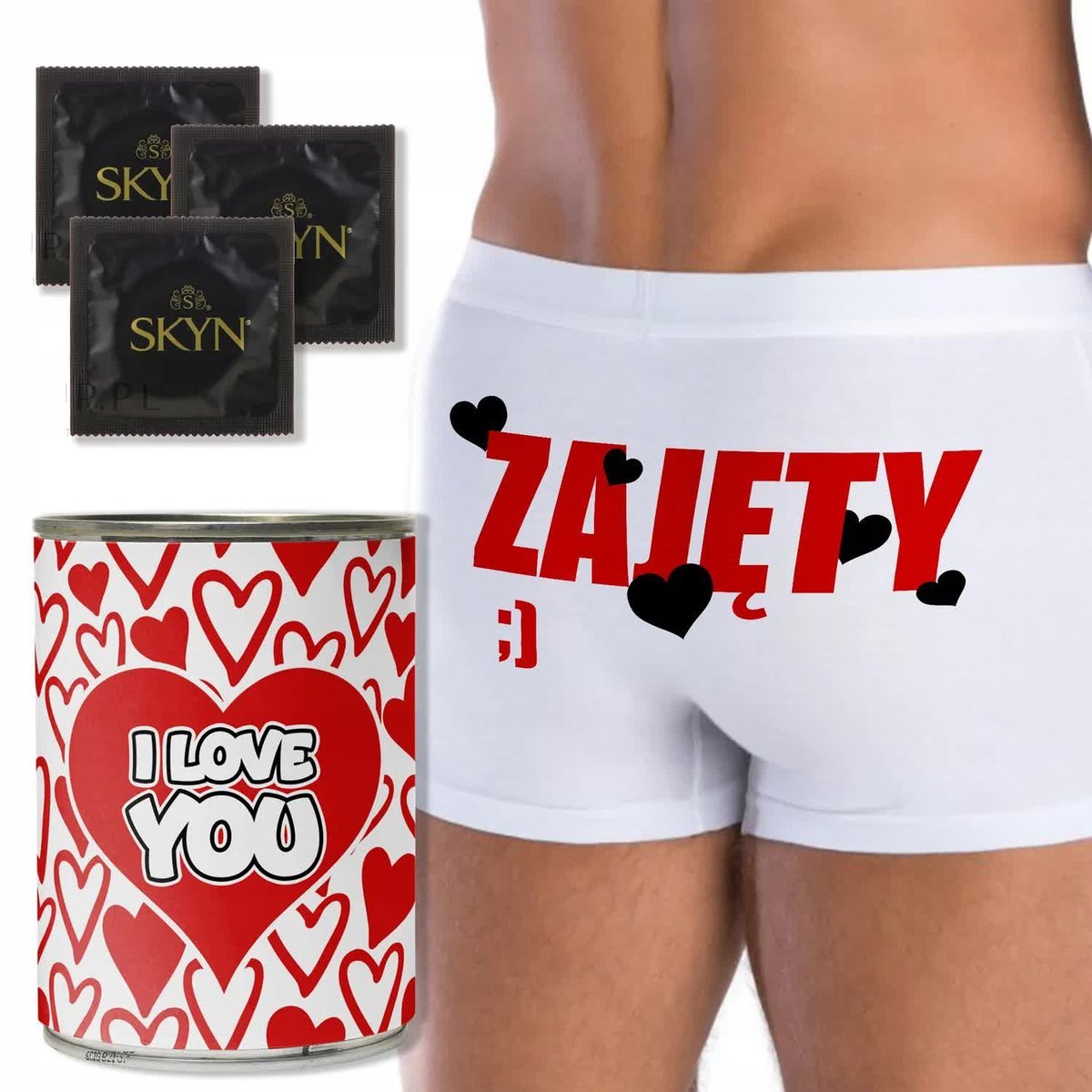 BOKSERKI + PREZERWATYWY Zabawna PUSZKA Prezent Na Walentynki ZAJĘTY XXL