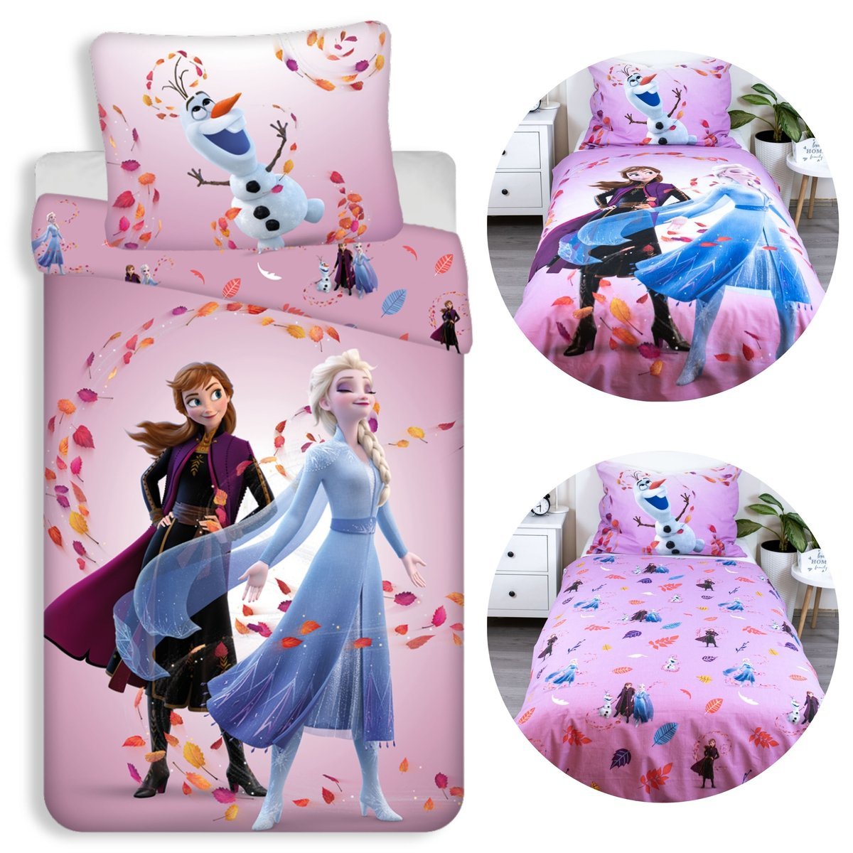 DISNEY Kraina Lody Fioletowa DWUSTRONNA, bawełniana pościel dziecięca na zamek, 100% BAWEŁNA 140x200cm+70x90cm OEKO-TEX