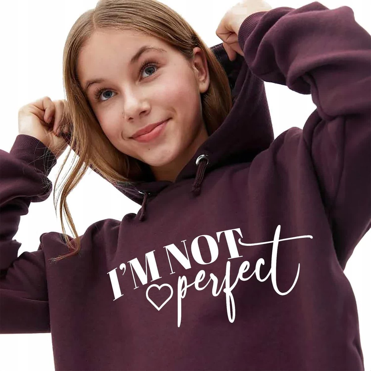 Bordowa Bluza Damska Z Kapturem IM NOT PERFECT Modna Stylowa Piękne Wz - S