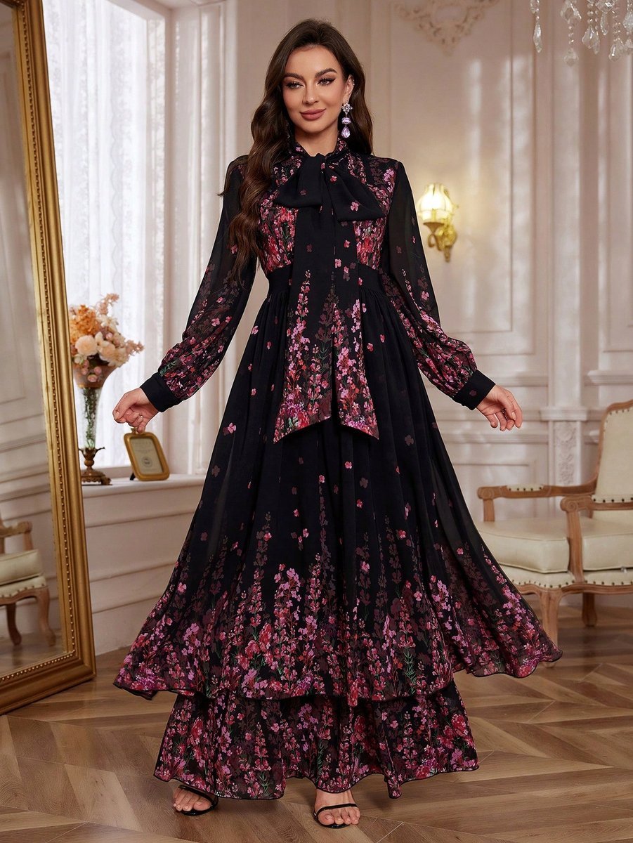 SHEIN CZARNA SUKIENKA MAXI W KWIATY Z OZDOBNĄ KOKARDĄ XL 11MA