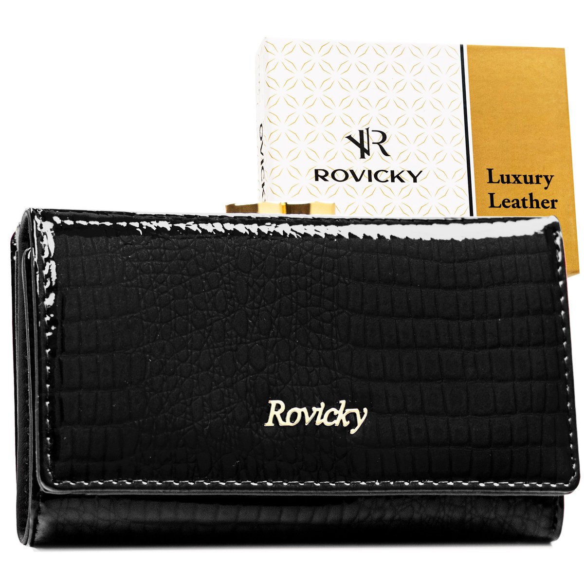 Portfel damski na bigiel ROVICKY skórzany lakierowany elegancki ochrona rfid stop czarny