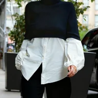 Koszule damskie - TEMU Elegancka Bluzka z Wysokim Kołnierzem w Kolorowe B i Bufiaste Rękawy - Szykowny Czarno-Biały Wzór, Długie Rękawy, Koszula na Guziki dla Kobiet, - miniaturka - grafika 1