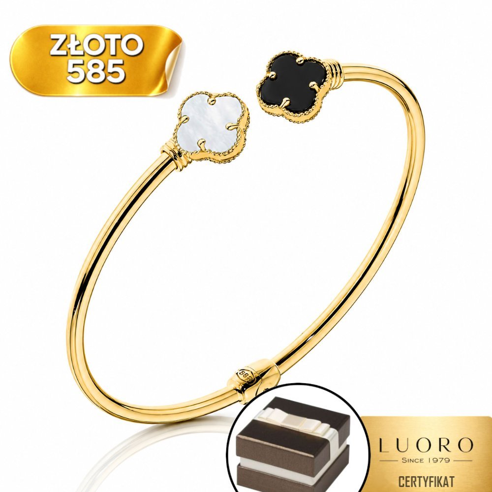 BRANSOLETKA ZŁOTA 585 14K SZTYWNA OVAL CZARNA KONICZYNKA PERŁA ELEGANCKA