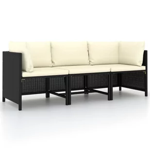 vidaXL 3-osobowa sofa ogrodowa z poduszkami, polirattan, czarna - Sofy ogrodowe - miniaturka - grafika 1